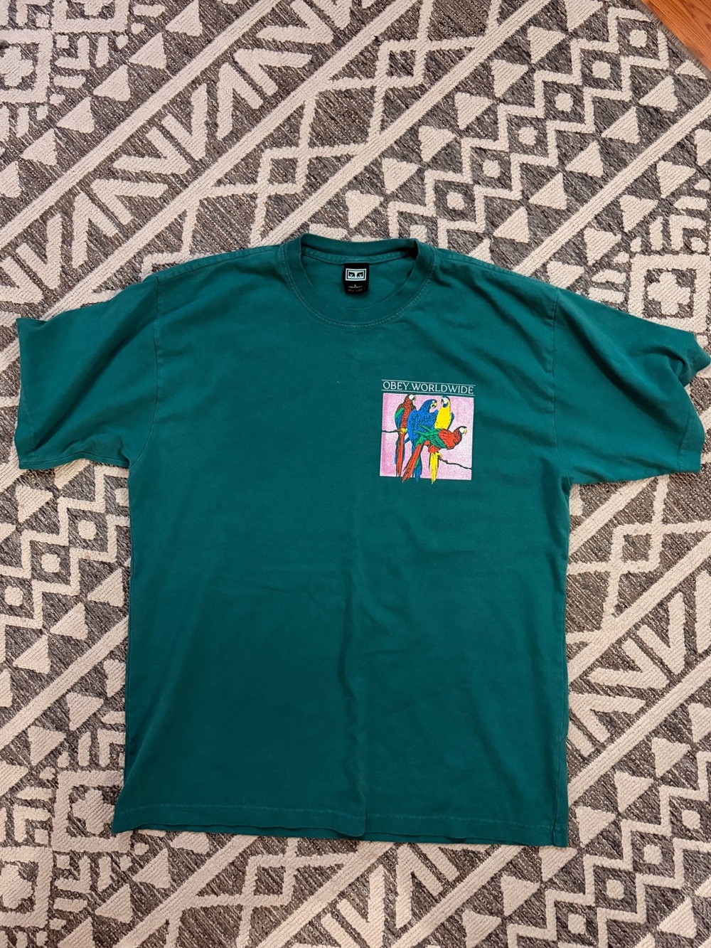 Obey Teal Crewneck with Colorful Parrot Graphic